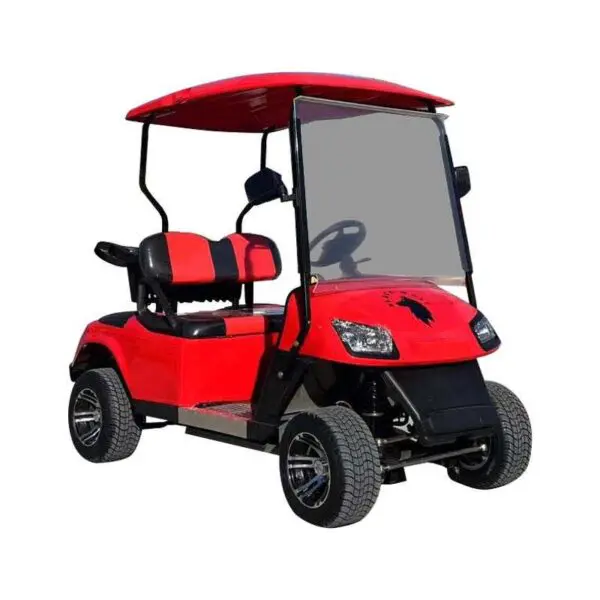 A red golf cart with two seats and a windshield.