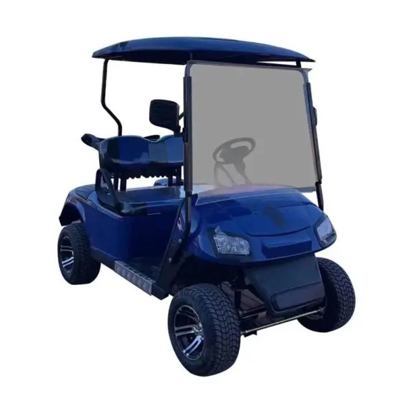 A blue golf cart with a sun visor on it.